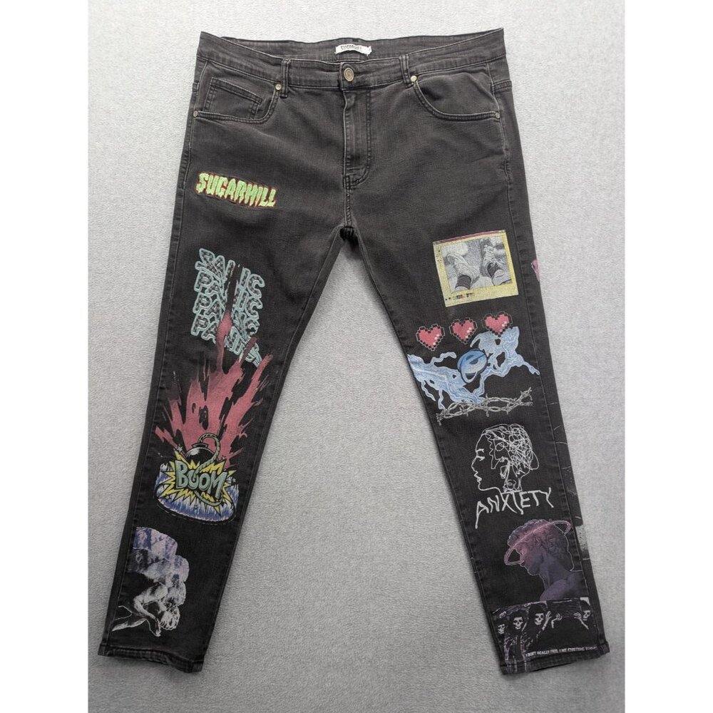 Sugarhill Jeans Mens 42x32 Gray Tapered Graphic Art Print Anxiety Internet